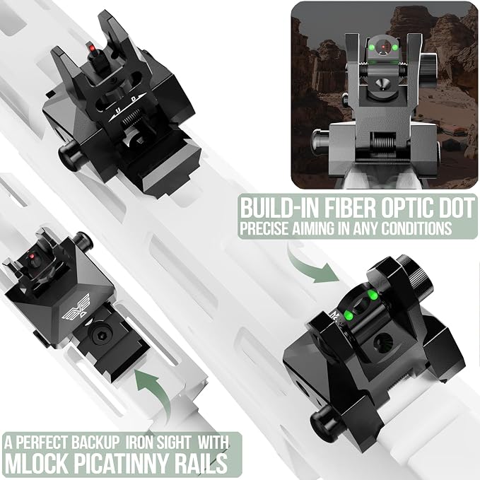 Visiofire Fiber Optic Iron Sights for Picatinny Rail | Flip Up Front and Rear Backup Sights with Red Green Dots | Tool-Free Ajustable Rear Flip Up Sights | Pop Up Fiber Optic Sights Rapid Transition - Image 3