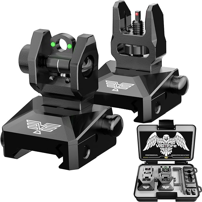 Visiofire Fiber Optic Iron Sights for Picatinny Rail | Flip Up Front and Rear Backup Sights with Red Green Dots | Tool-Free Ajustable Rear Flip Up Sights | Pop Up Fiber Optic Sights Rapid Transition